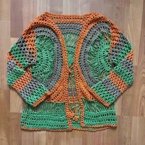 Women’s Green, brown and orange crochet cardigan with tie front
